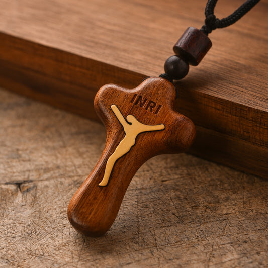 Catholic Wooden Cross Necklace for Men - Handmade Jesus Crucifix Pendant with Adjustable Rope Chain, Religious Gifts for Husbands, Boyfriends, Fathers Sons
