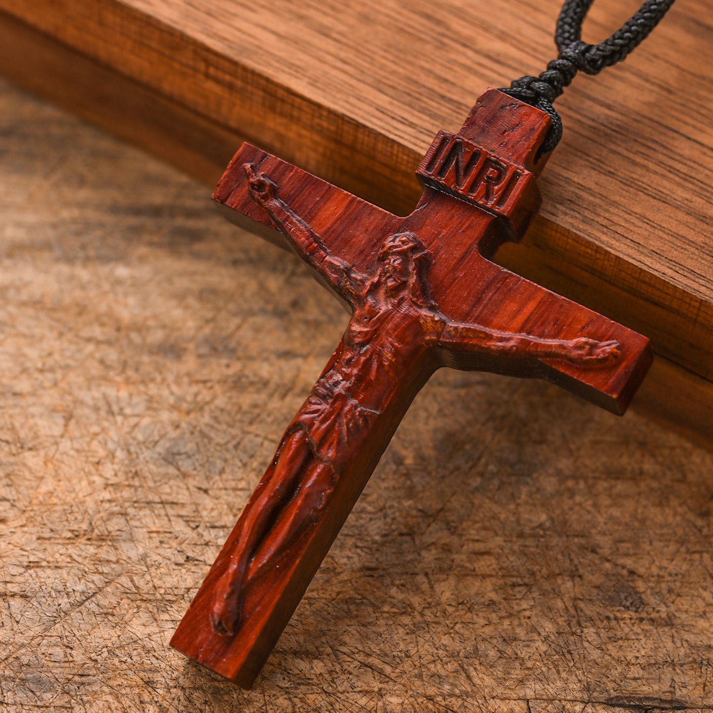 Catholic Wooden Cross Necklace for Men - Handmade Jesus Crucifix Pendant with Adjustable Rope Chain, Religious Gifts for Husbands, Boyfriends, Fathers Sons