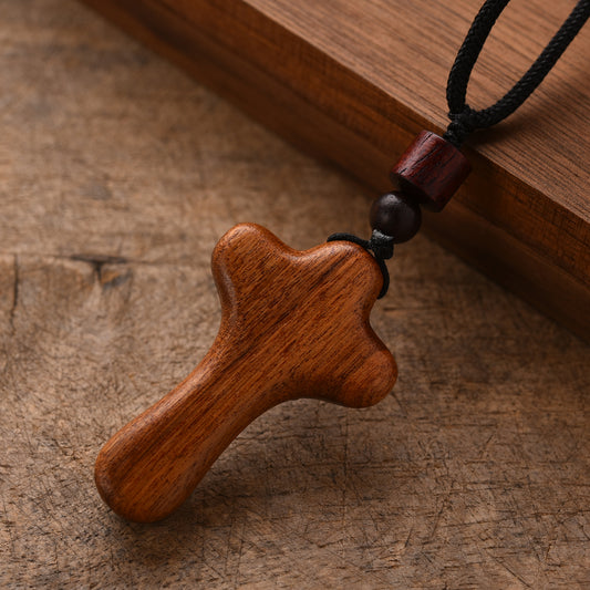 Catholic Wooden Cross Necklace for Men - Handmade Jesus Crucifix Pendant with Adjustable Rope Chain, Religious Gifts for Husbands, Boyfriends, Fathers Sons
