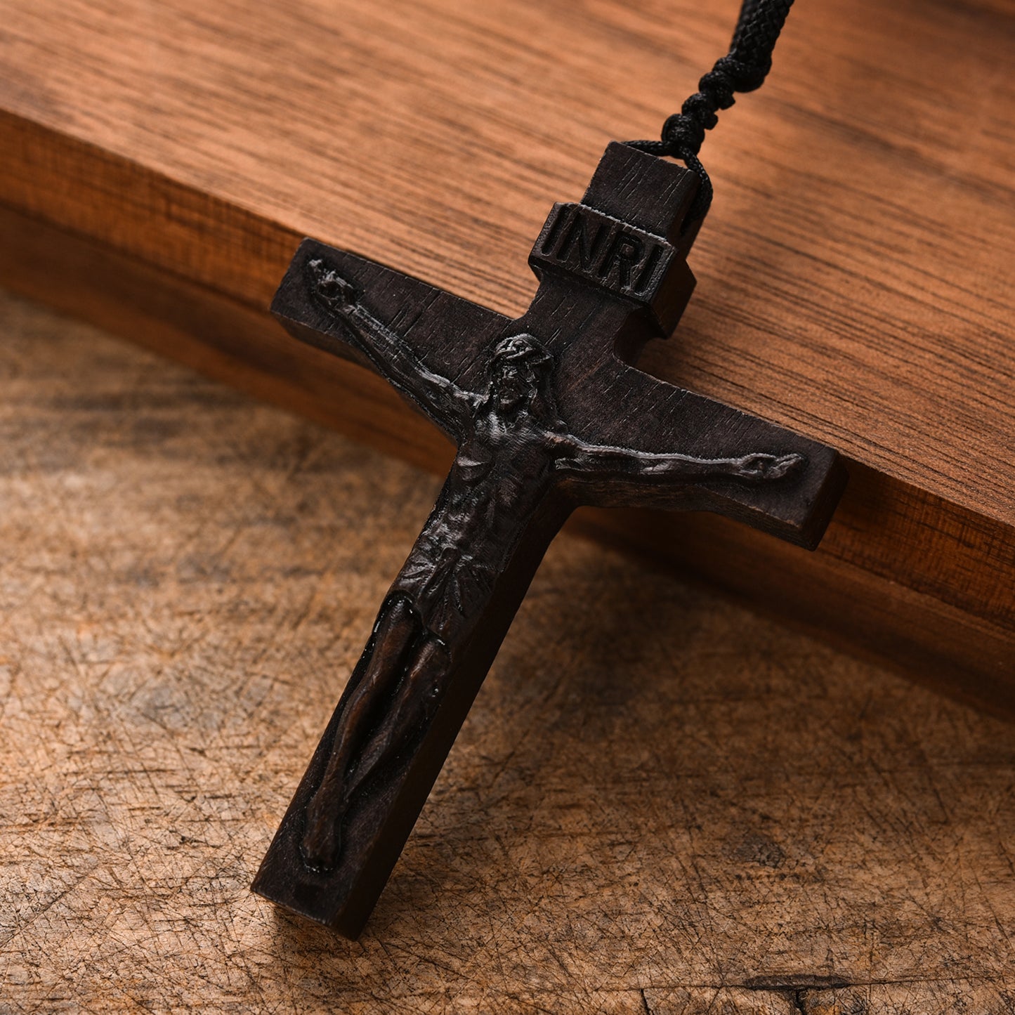 Catholic Wooden Cross Necklace for Men - Handmade Jesus Crucifix Pendant with Adjustable Rope Chain, Religious Gifts for Husbands, Boyfriends, Fathers Sons