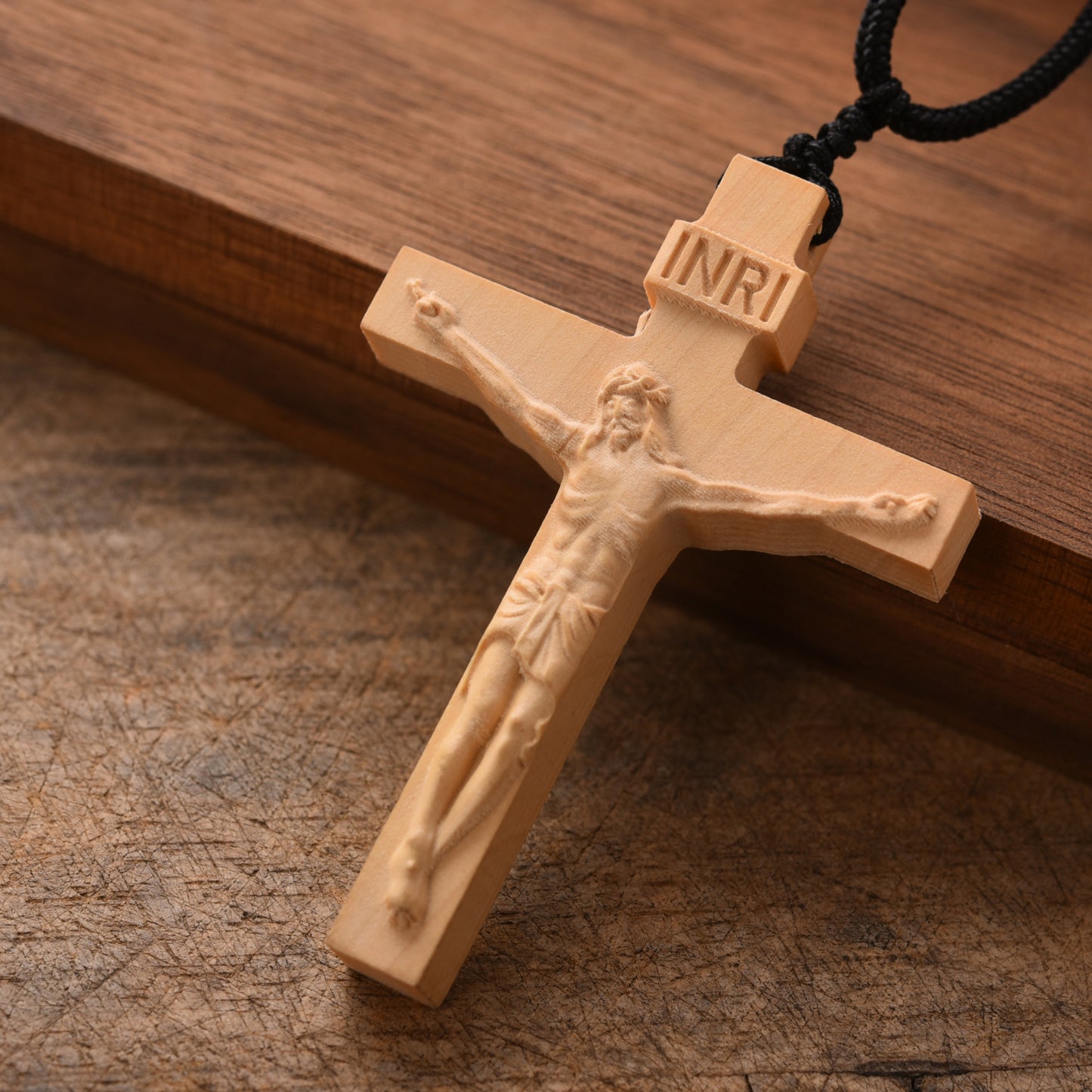 Catholic Wooden Cross Necklace for Men - Handmade Jesus Crucifix Pendant with Adjustable Rope Chain, Religious Gifts for Husbands, Boyfriends, Fathers Sons