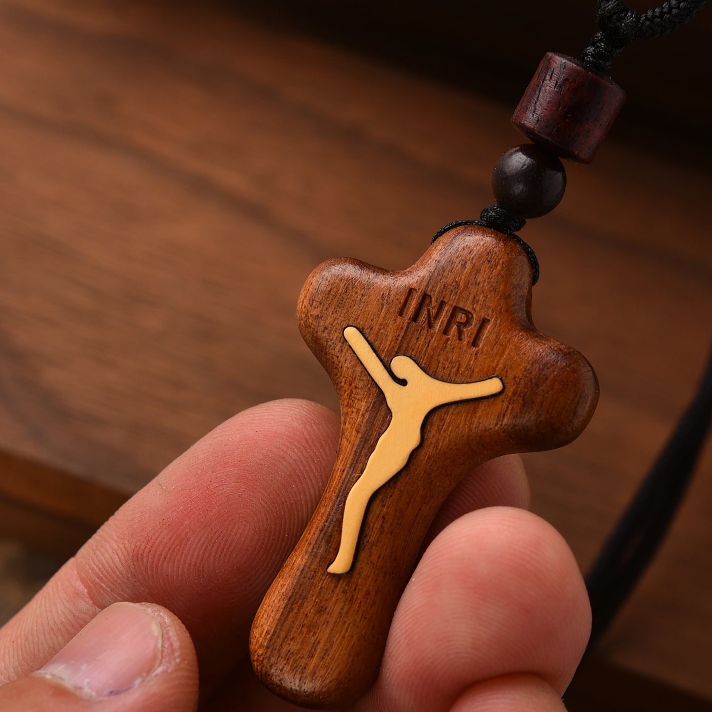 Catholic Wooden Cross Necklace for Men - Handmade Jesus Crucifix Pendant with Adjustable Rope Chain, Religious Gifts for Husbands, Boyfriends, Fathers Sons