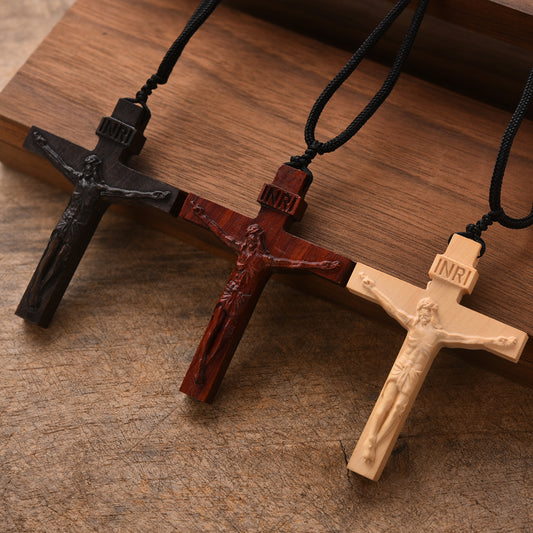 Catholic Wooden Cross Necklace for Men - Handmade Jesus Crucifix Pendant with Adjustable Rope Chain, Religious Gifts for Husbands, Boyfriends, Fathers Sons