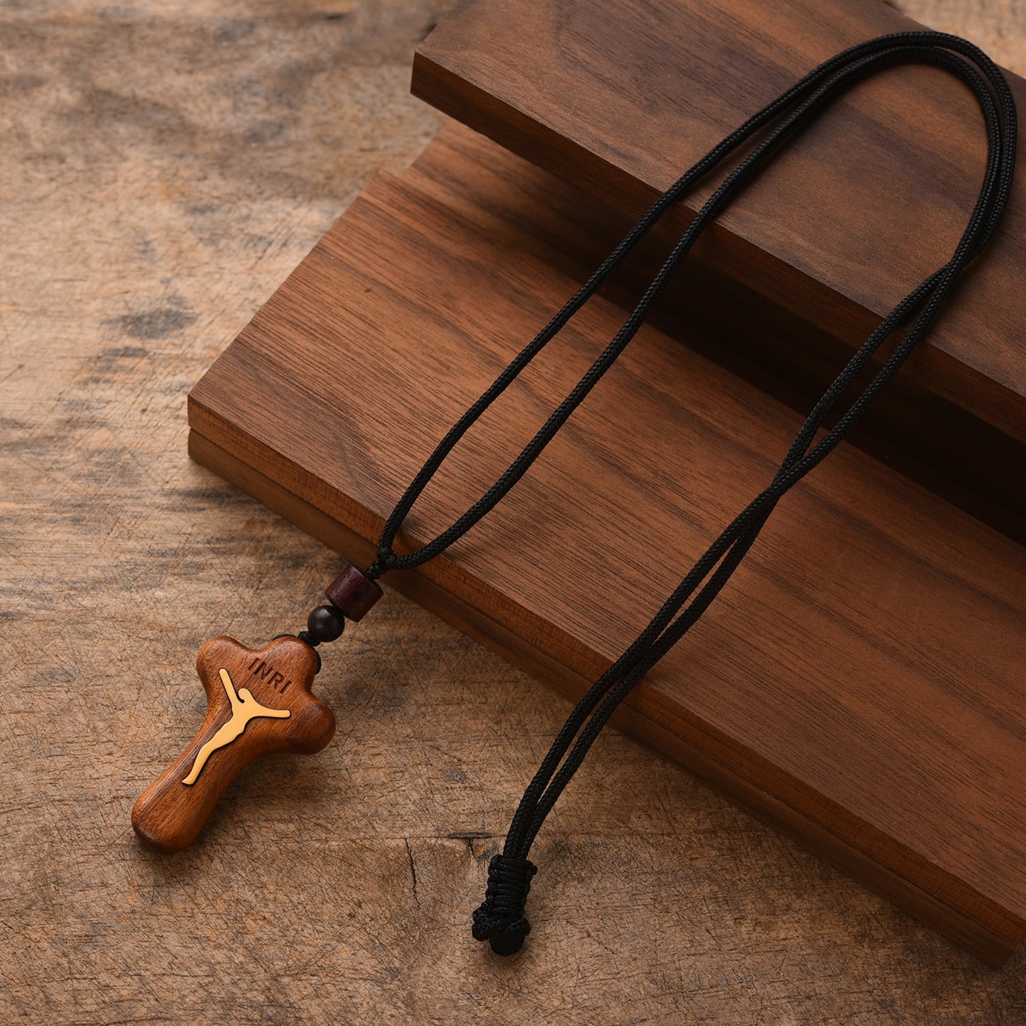 Catholic Wooden Cross Necklace for Men - Handmade Jesus Crucifix Pendant with Adjustable Rope Chain, Religious Gifts for Husbands, Boyfriends, Fathers Sons