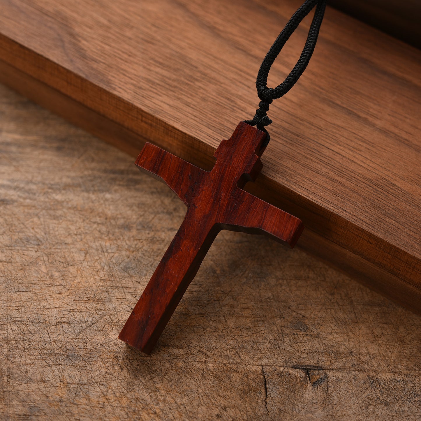 Catholic Wooden Cross Necklace for Men - Handmade Jesus Crucifix Pendant with Adjustable Rope Chain, Religious Gifts for Husbands, Boyfriends, Fathers Sons