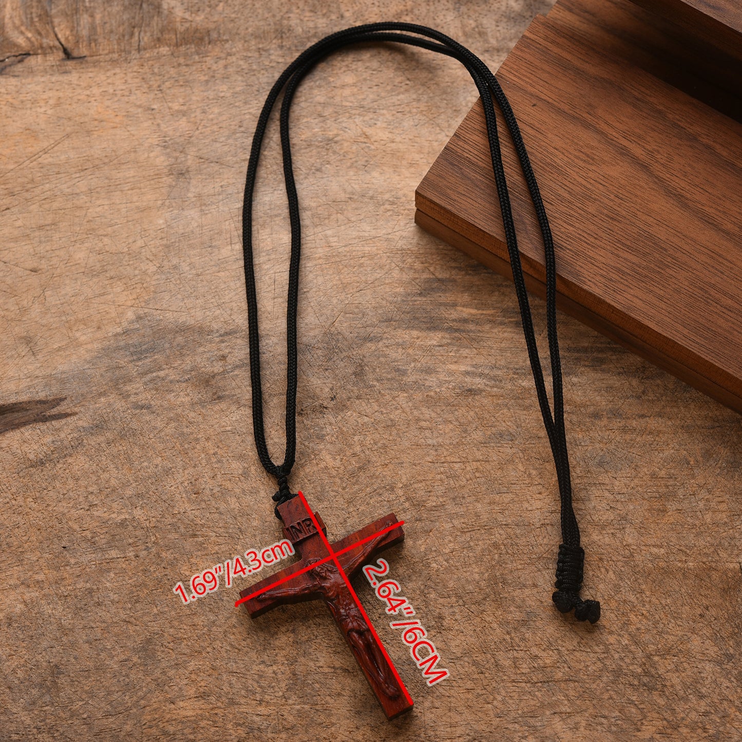 Catholic Wooden Cross Necklace for Men - Handmade Jesus Crucifix Pendant with Adjustable Rope Chain, Religious Gifts for Husbands, Boyfriends, Fathers Sons