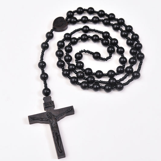 Catholic Rosaries Necklace Cross Crucifix, Natural Black Sandalwood Handmade Rosary Beads Prayer Gifts for Women Men