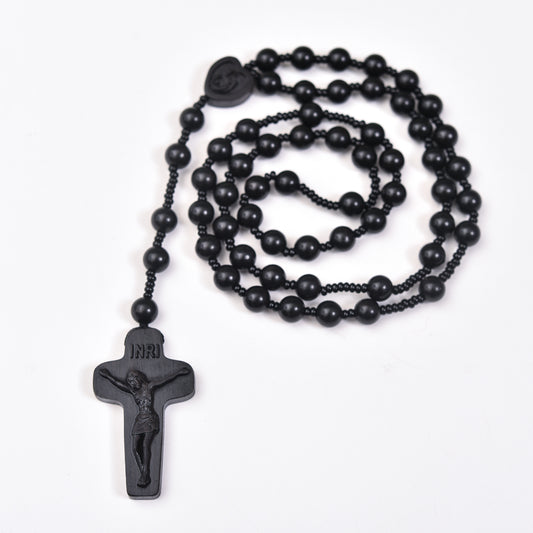 Ebony Catholic Rosaries Necklace Cross Crucifix, Natural Black Sandalwood Handmade Rosary Beads Prayer Gifts for Women Men