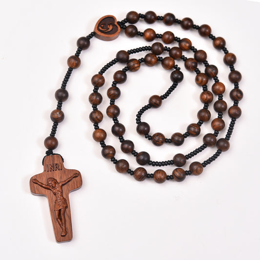 Catholic Rosaries Necklace Cross Crucifix, Natural Wooden Handmade Rosary Beads Prayer Gifts for Women Men