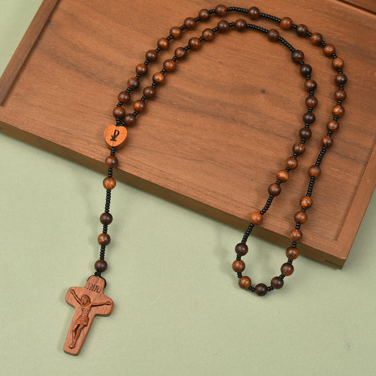 Catholic Rosaries Necklace Cross Crucifix, Natural Wooden Handmade Rosary Beads Prayer Gifts for Women Men