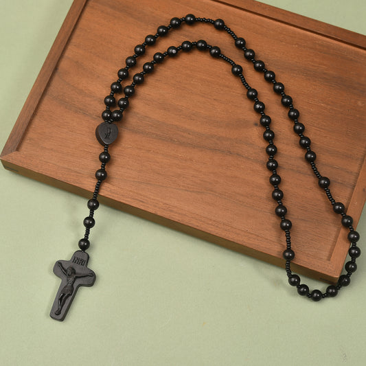 Ebony Catholic Rosaries Necklace Cross Crucifix, Natural Black Sandalwood Handmade Rosary Beads Prayer Gifts for Women Men