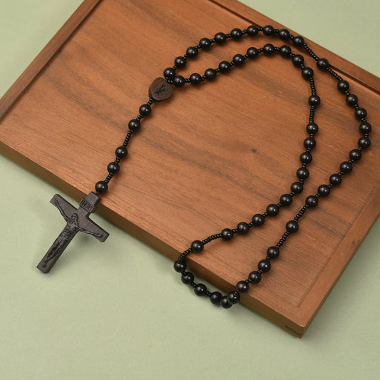 Catholic Rosaries Necklace Cross Crucifix, Natural Black Sandalwood Handmade Rosary Beads Prayer Gifts for Women Men