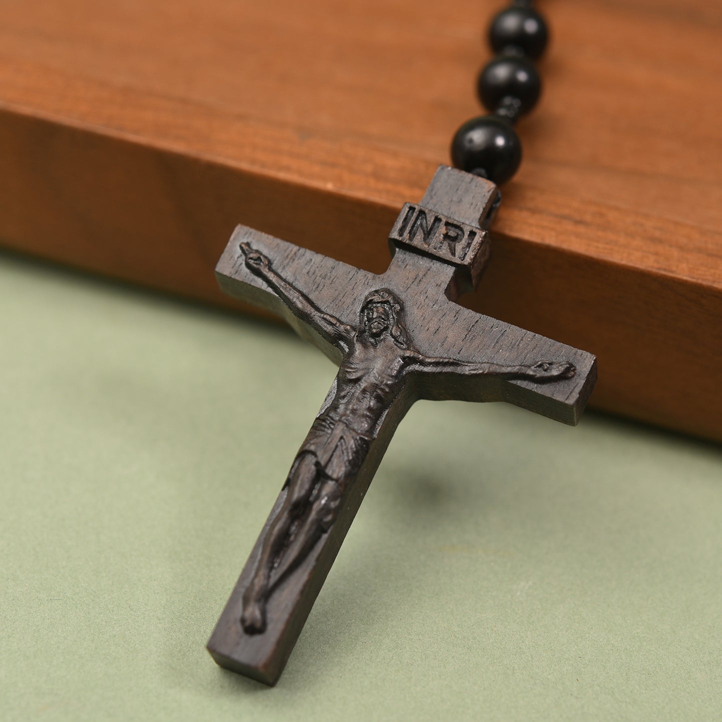 Catholic Rosaries Necklace Cross Crucifix, Natural Black Sandalwood Handmade Rosary Beads Prayer Gifts for Women Men