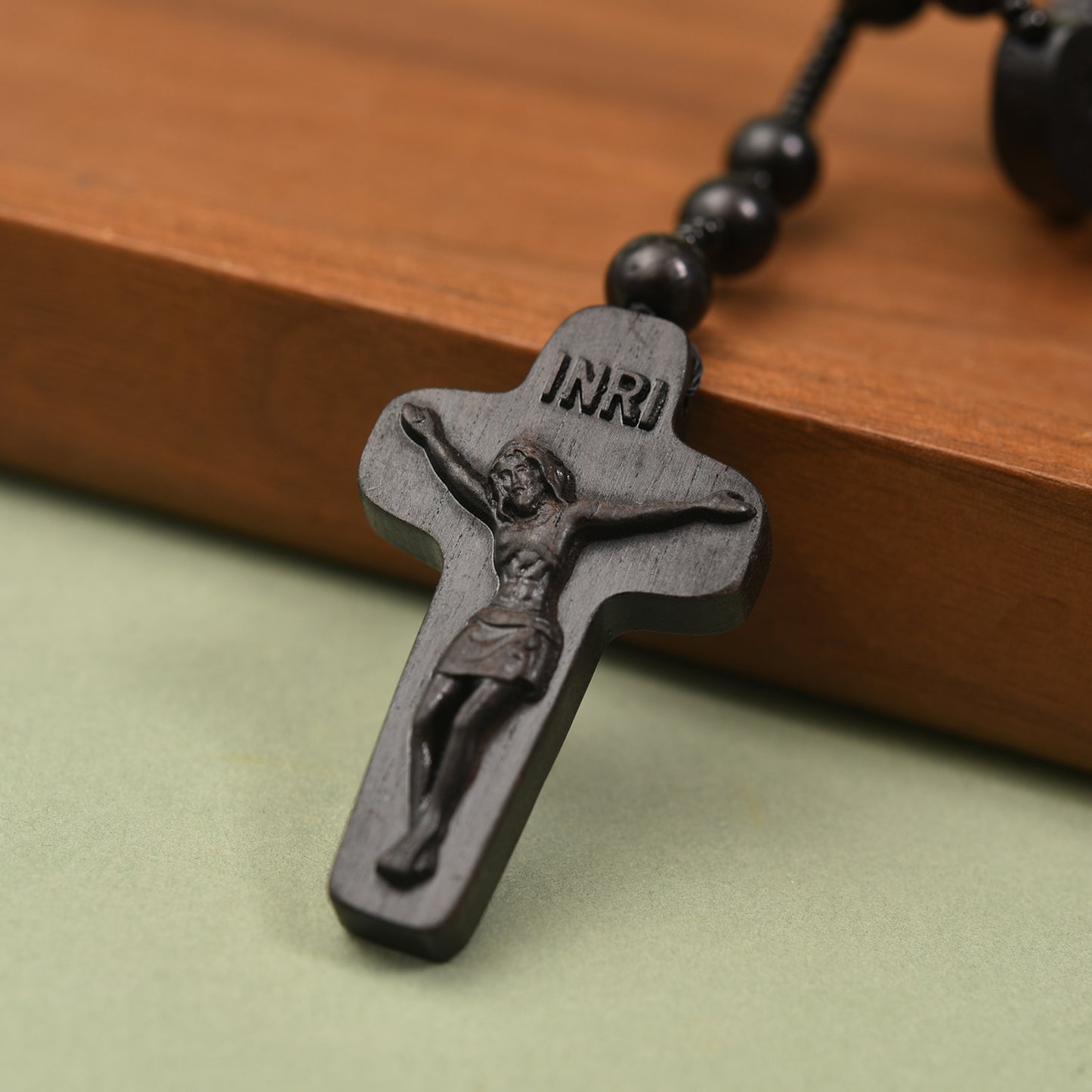 Ebony Catholic Rosaries Necklace Cross Crucifix, Natural Black Sandalwood Handmade Rosary Beads Prayer Gifts for Women Men