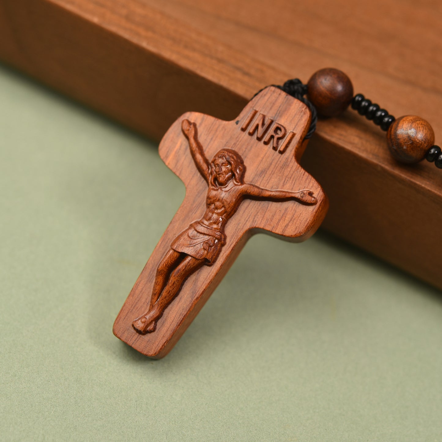 Catholic Rosaries Necklace Cross Crucifix, Natural Wooden Handmade Rosary Beads Prayer Gifts for Women Men