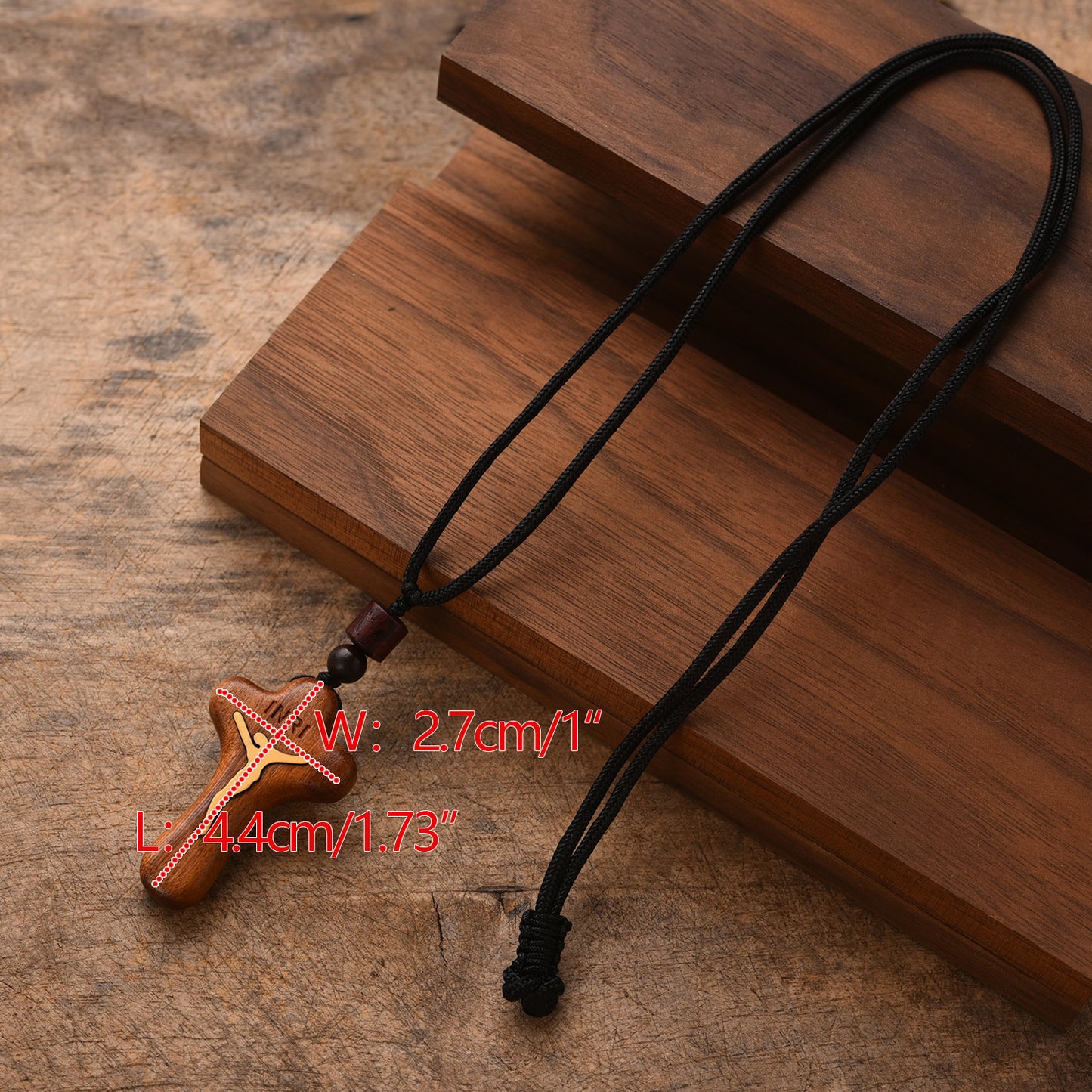 Catholic Wooden Cross Necklace for Men - Handmade Jesus Crucifix Pendant with Adjustable Rope Chain, Religious Gifts for Husbands, Boyfriends, Fathers Sons